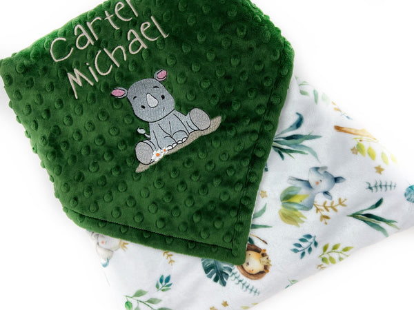 Personalized Minky Blanket, Baby Safari Animals, Embroidered Name and Rhinoceros