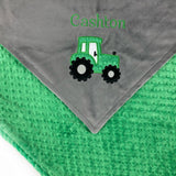Tractor Blanket, Gray and Green Minky, Personalized Gift, Baby Keepsake, Option for Birth Stats, Embroidered Blanket