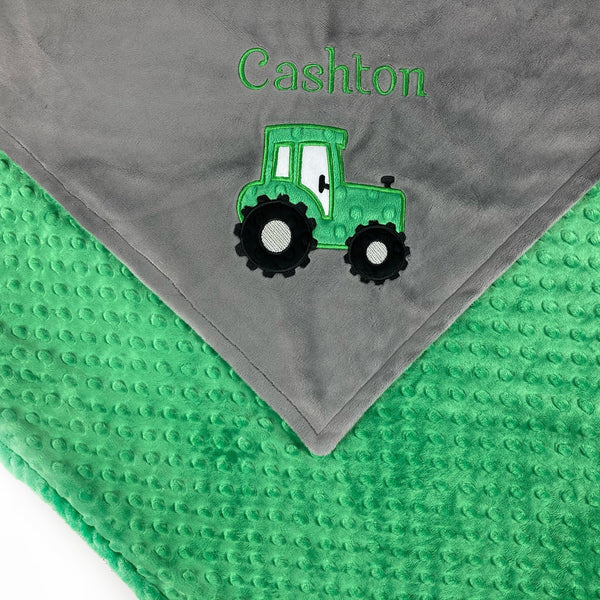 Tractor Blanket, Gray and Green Minky, Personalized Gift, Baby Keepsake, Option for Birth Stats, Embroidered Blanket