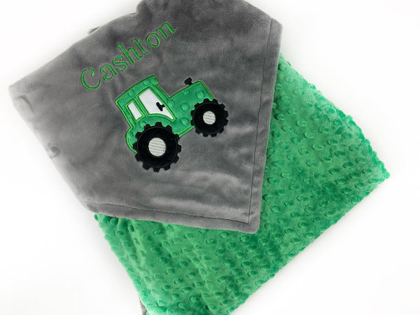 Tractor Blanket, Gray and Green Minky, Personalized Gift, Baby Keepsake, Option for Birth Stats, Embroidered Blanket