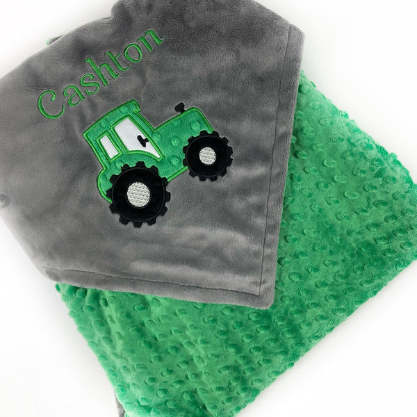 Tractor Blanket, Gray and Green Minky, Personalized Gift, Baby Keepsake, Option for Birth Stats, Embroidered Blanket