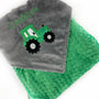 Tractor Blanket, Gray and Green Minky, Personalized Gift, Baby Keepsake, Option for Birth Stats, Embroidered Blanket