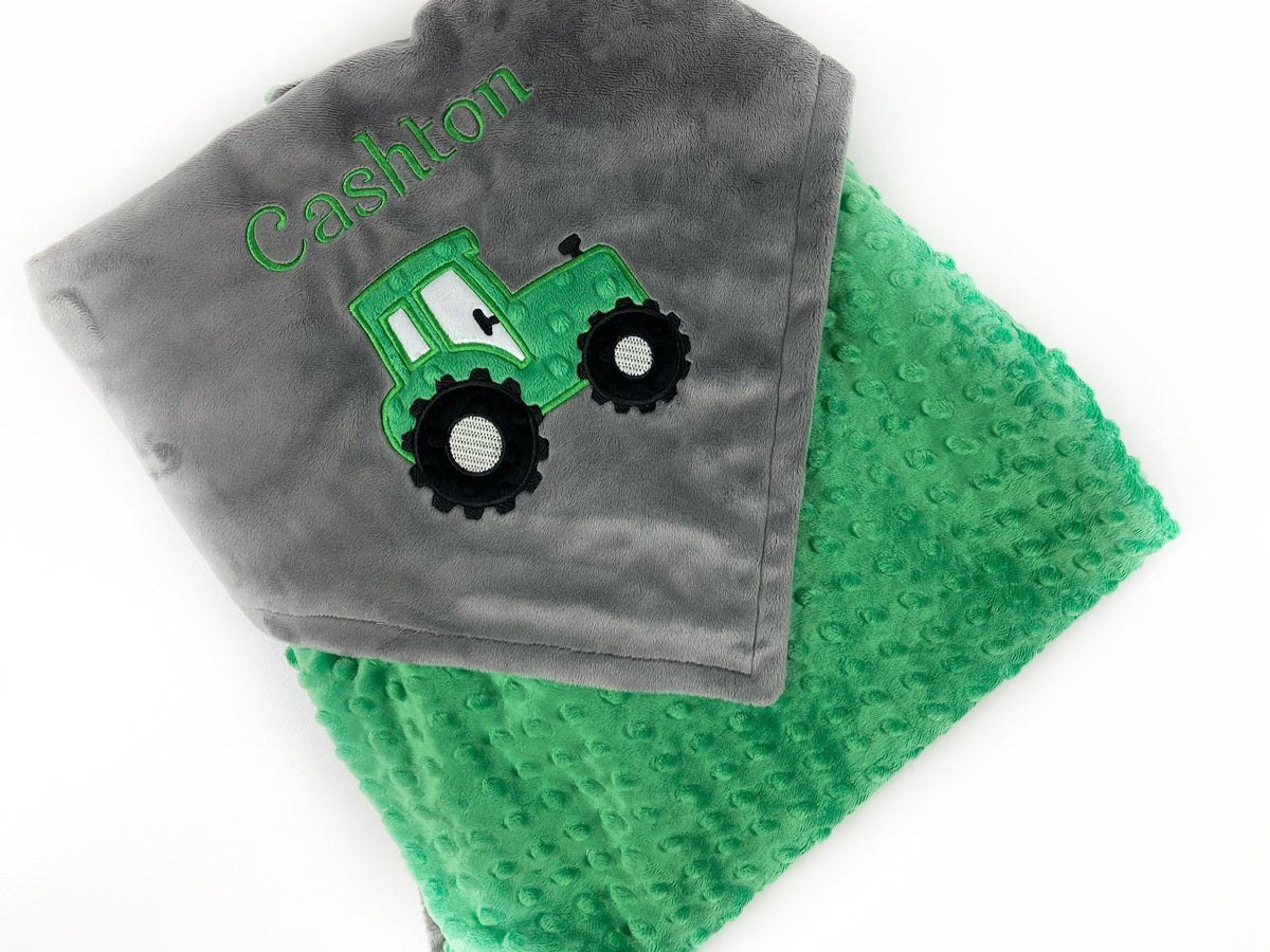 Tractor Blanket, Gray and Green Minky, Personalized Gift, Baby Keepsake, Option for Birth Stats, Embroidered Blanket