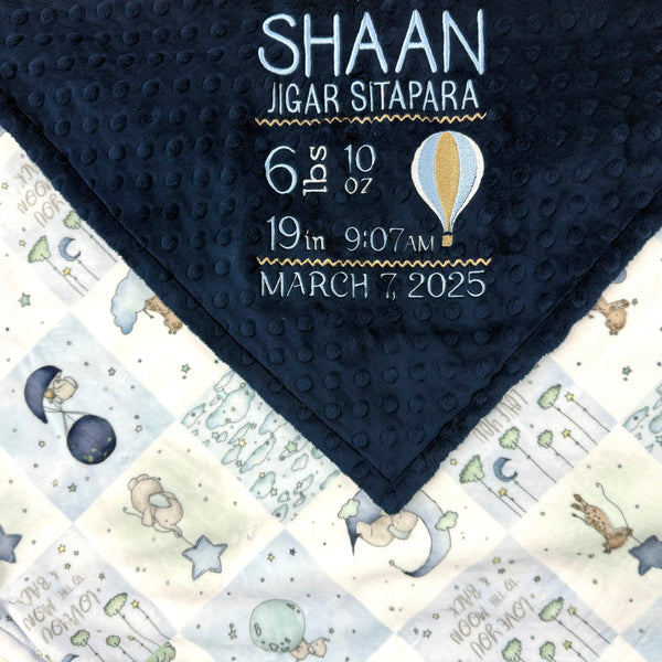 Personalized Baby Blanket with Hot Air Balloon, Blue and Gray Embroidered Minky with Birth Stats