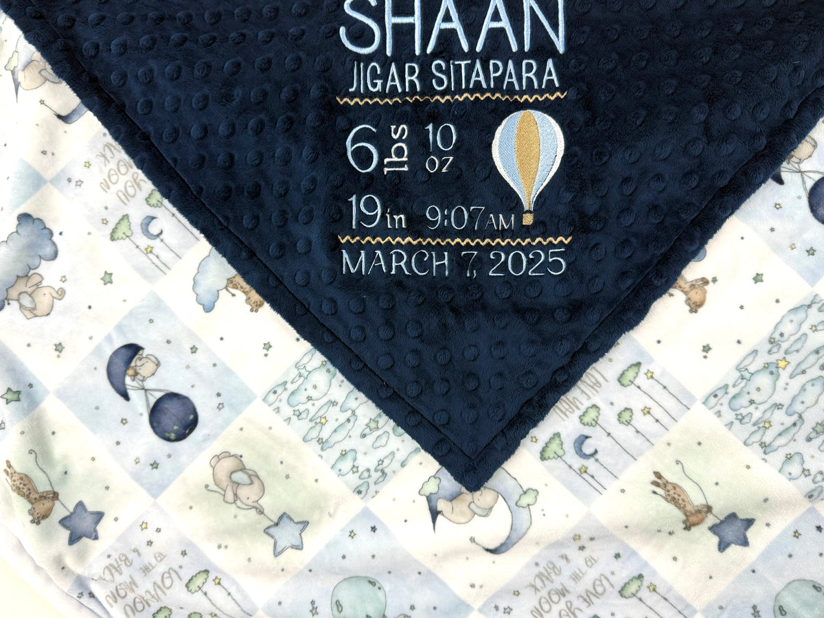Personalized Baby Blanket with Hot Air Balloon, Blue and Gray Embroidered Minky with Birth Stats