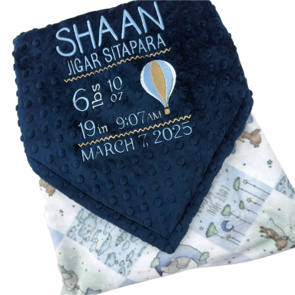 Personalized Baby Blanket with Hot Air Balloon, Blue and Gray Embroidered Minky with Birth Stats