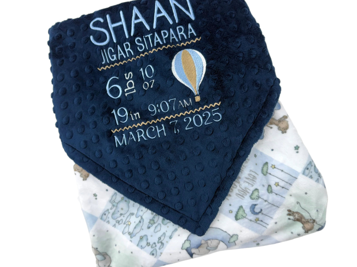 Personalized Baby Blanket with Hot Air Balloon, Blue and Gray Embroidered Minky with Birth Stats