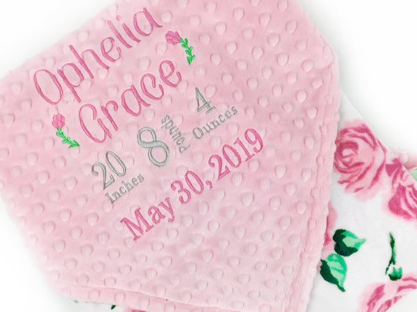 Baby Girl Blanket, Pink Roses Minky, Personalized with Name, Birth Stats Blanket, Keepsake Gift for Baby Girl, Welcome Gift for Newborn
