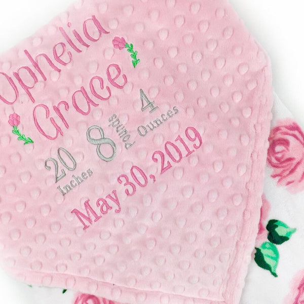 Baby Girl Blanket, Pink Roses Minky, Personalized with Name, Birth Stats Blanket, Keepsake Gift for Baby Girl, Welcome Gift for Newborn