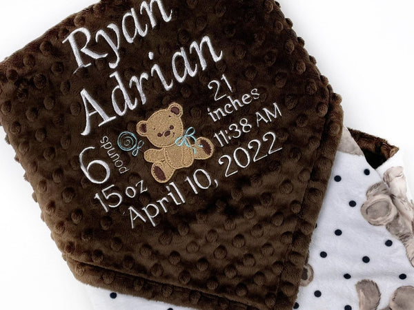 Birth Stats Baby Blanket, Brown Teddy Bear Minky, Personalized Gift for Baby