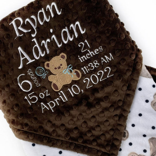 Birth Stats Baby Blanket, Brown Teddy Bear Minky, Personalized Gift for Baby