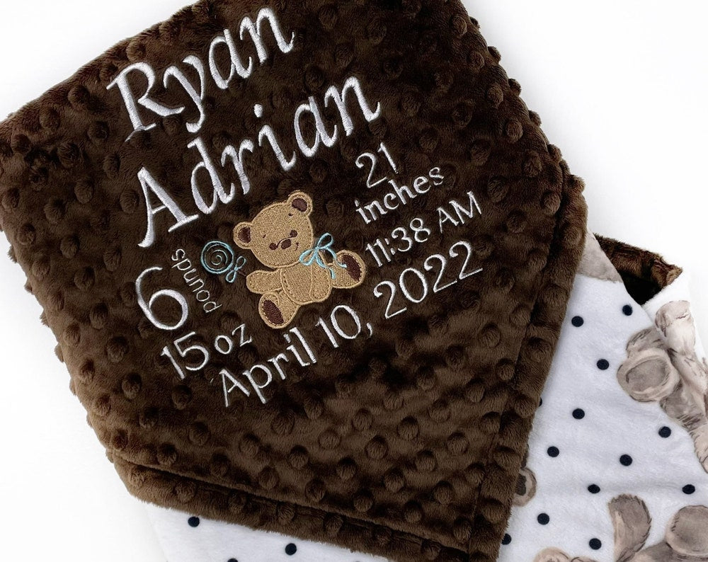 Birth Stats Baby Blanket, Brown Teddy Bear Minky, Personalized Gift for Baby