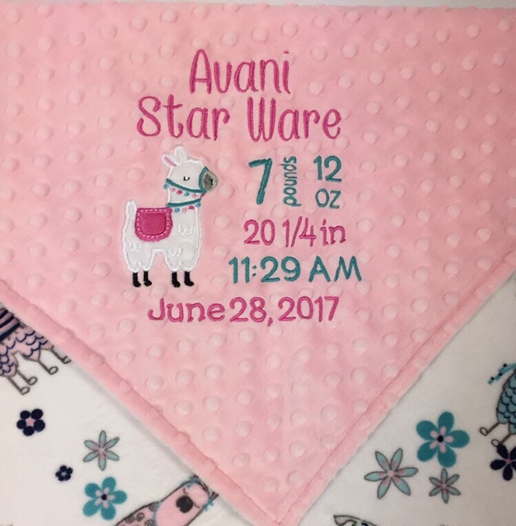 Personalized Minky Blanket, Pink Llama Blanket, Llama Nursery Theme, Birth Stats Blanket, Keepsake Gift for Baby Girl, Welcome Gift for Girl