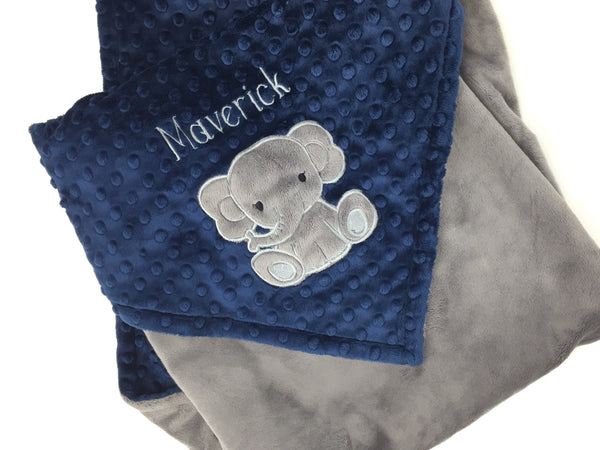 Elephant Minky Blanket, Custom Baby Blanket, Navy and Gray, Plush Minky, Personalized Blanket, Gift for Boy, Baby Shower Gift, Keepsake Gift