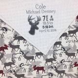 Personalized Baby Blanket, Gray and White Deer Minky, Custom Blanket, Birth Stats Blanket, Keepsake Gift for Newborn Baby Boy, Embroidered