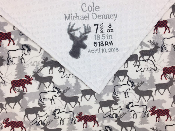 Personalized Baby Blanket, Gray and White Deer Minky, Custom Blanket, Birth Stats Blanket, Keepsake Gift for Newborn Baby Boy, Embroidered