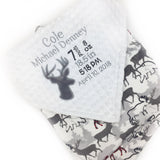 Personalized Baby Blanket, Gray and White Deer Minky, Custom Blanket, Birth Stats Blanket, Keepsake Gift for Newborn Baby Boy, Embroidered