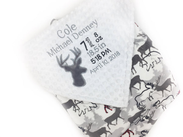 Personalized Baby Blanket, Gray and White Deer Minky, Custom Blanket, Birth Stats Blanket, Keepsake Gift for Newborn Baby Boy, Embroidered
