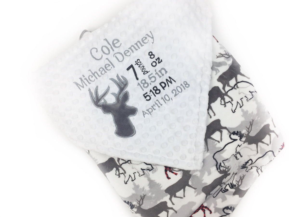 Personalized Baby Blanket, Gray and White Deer Minky, Custom Blanket, Birth Stats Blanket, Keepsake Gift for Newborn Baby Boy, Embroidered