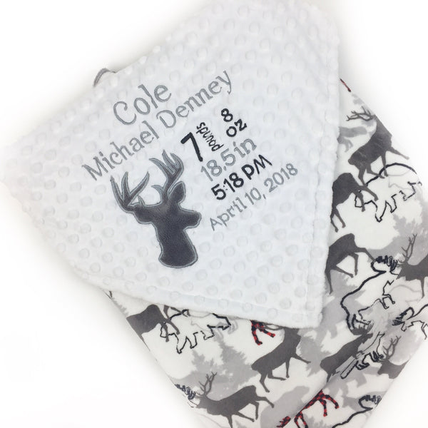 Personalized Baby Blanket, Gray and White Deer Minky, Custom Blanket, Birth Stats Blanket, Keepsake Gift for Newborn Baby Boy, Embroidered