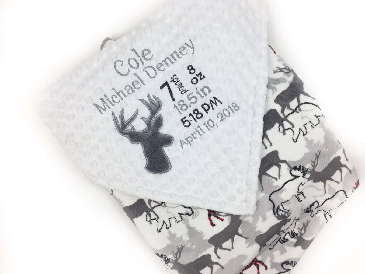 Personalized Baby Blanket, Gray and White Deer Minky, Custom Blanket, Birth Stats Blanket, Keepsake Gift for Newborn Baby Boy, Embroidered