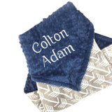 Personalized Baby Blanket, Blue and Grey Minky, Embroidered Name or Birth Stats, Keepsake Baby Gift, Blue Minky Blanket, Newborn Baby Gift