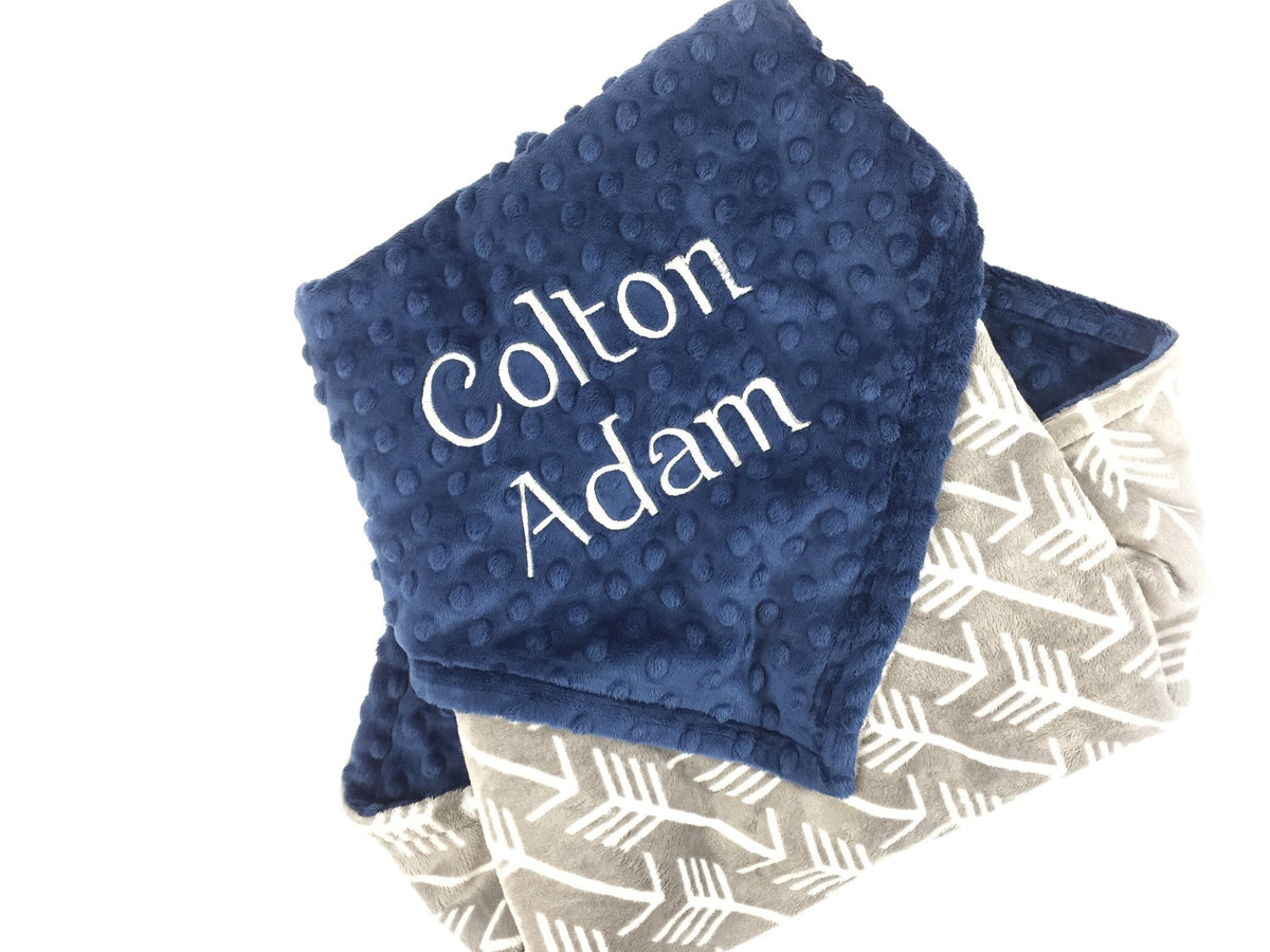 Personalized Baby Blanket, Blue and Grey Minky, Embroidered Name or Birth Stats, Keepsake Baby Gift, Blue Minky Blanket, Newborn Baby Gift