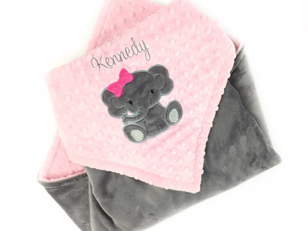 Pink Baby Blanket, Personalized Blanket, Plush Minky Blanket, Pink Gray Minky, Elephant Blanket