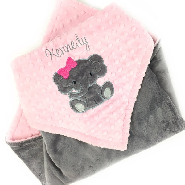 Pink Baby Blanket, Personalized Blanket, Plush Minky Blanket, Pink Gray Minky, Elephant Blanket
