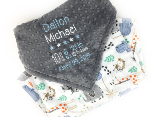 Personalized Blanket, Minky Baby Blanket, Blue Gray Zoo Animals, Embroidered Name, Keepsake Gift, Birth Stats Blanket, Welcome Gift for Baby