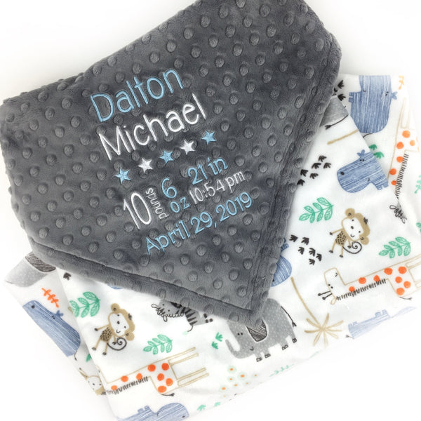 Personalized Blanket, Minky Baby Blanket, Blue Gray Zoo Animals, Embroidered Name, Keepsake Gift, Birth Stats Blanket, Welcome Gift for Baby