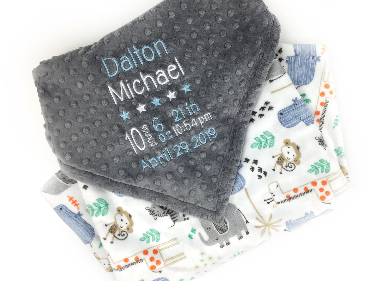 Personalized Blanket, Minky Baby Blanket, Blue Gray Zoo Animals, Embroidered Name, Keepsake Gift, Birth Stats Blanket, Welcome Gift for Baby