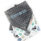 Personalized Blanket, Minky Baby Blanket, Blue Gray Zoo Animals, Embroidered Name, Keepsake Gift, Birth Stats Blanket, Welcome Gift for Baby