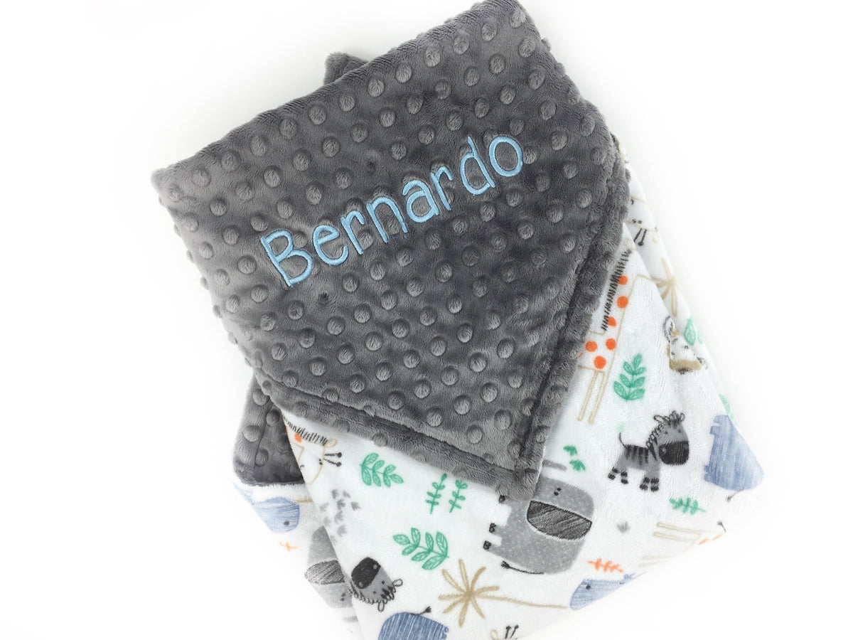 Personalized Blanket, Minky Baby Blanket, Blue Gray Zoo Animals, Embroidered Name, Keepsake Gift, Birth Stats Blanket, Welcome Gift for Baby