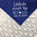 Personalized Baby Blanket, Blue and Grey Minky, Embroidered Name or Birth Stats, Keepsake Baby Gift, Blue Minky Blanket, Newborn Baby Gift