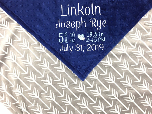 Personalized Baby Blanket, Blue and Grey Minky, Embroidered Name or Birth Stats, Keepsake Baby Gift, Blue Minky Blanket, Newborn Baby Gift