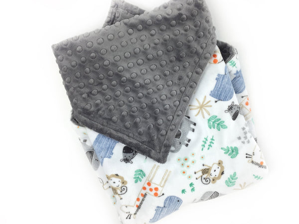 Personalized Blanket, Minky Baby Blanket, Blue Gray Zoo Animals, Embroidered Name, Keepsake Gift, Birth Stats Blanket, Welcome Gift for Baby