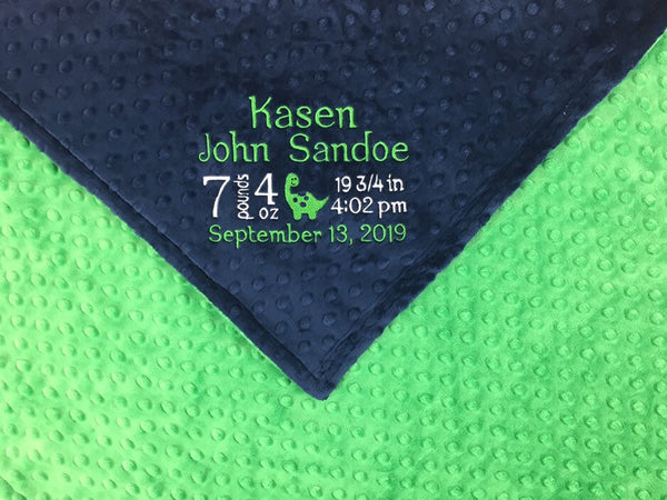 Personalized Baby Blanket, Navy and Green Minky, Baby Birth Stats Blanket, Keepsake Baby Gift, Dinosaur Blanket, Birth Stats Gift for Baby