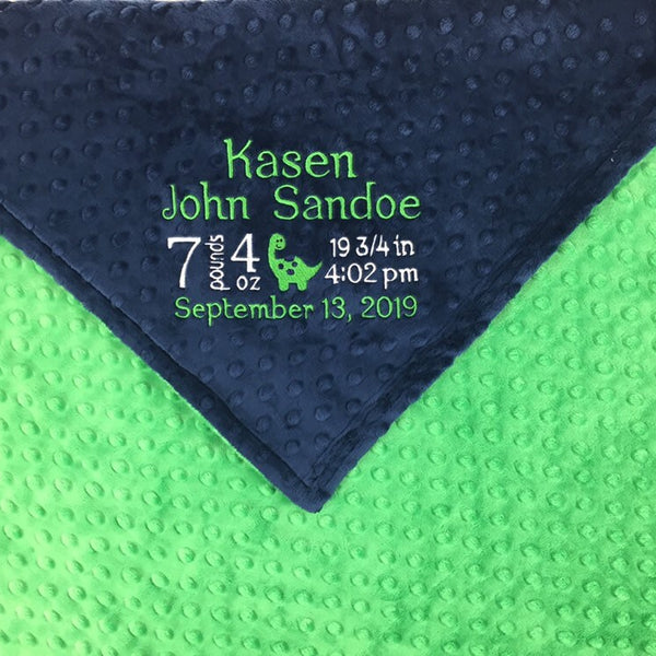 Personalized Baby Blanket, Navy and Green Minky, Baby Birth Stats Blanket, Keepsake Baby Gift, Dinosaur Blanket, Birth Stats Gift for Baby