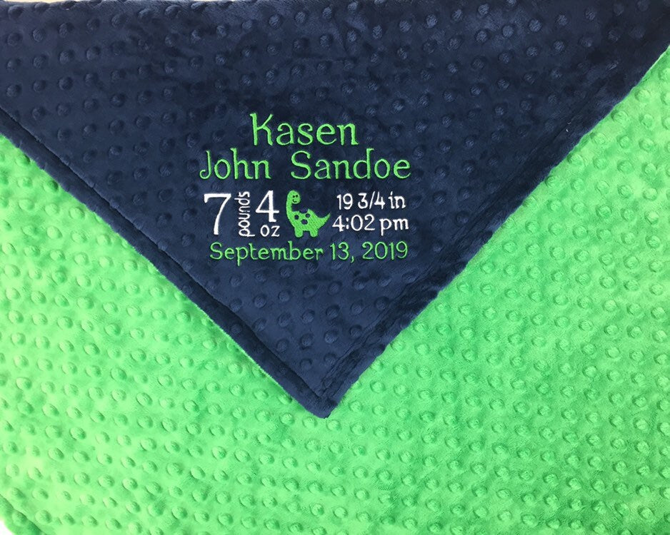 Personalized Baby Blanket, Navy and Green Minky, Baby Birth Stats Blanket, Keepsake Baby Gift, Dinosaur Blanket, Birth Stats Gift for Baby