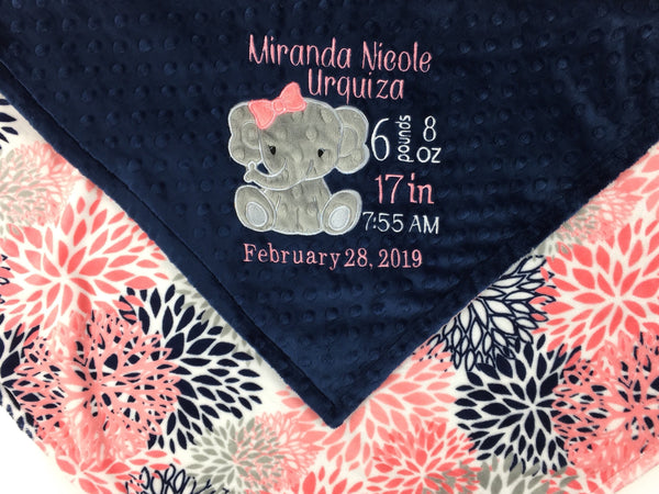Personalized Baby Blanket, Coral and Navy Minky, Elephant Applique Blanket, Personalized Gift, Birth Stats Blanket, Keepsake Gift