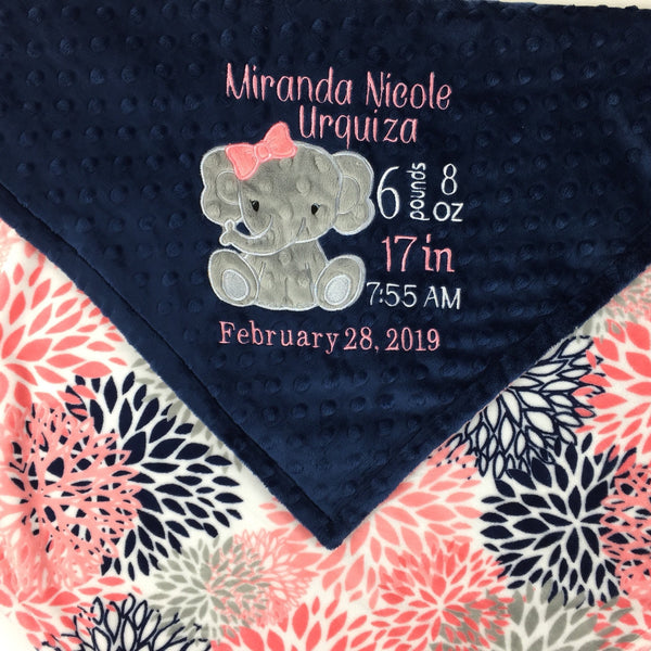 Personalized Baby Blanket, Coral and Navy Minky, Elephant Applique Blanket, Personalized Gift, Birth Stats Blanket, Keepsake Gift