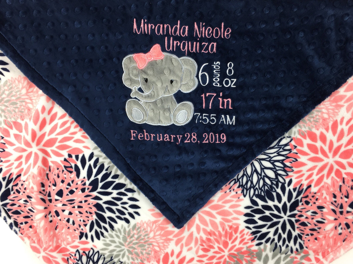 Personalized Baby Blanket, Coral and Navy Minky, Elephant Applique Blanket, Personalized Gift, Birth Stats Blanket, Keepsake Gift