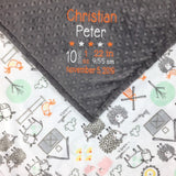 Personalized Baby Blanket, Farm Animals Nursery, Custom Blanket, Birth Stats Blanket, Keepsake Gift, 1st Birthday Gift, Gray Farm Blanket