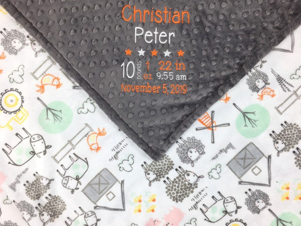 Personalized Baby Blanket, Farm Animals Nursery, Custom Blanket, Birth Stats Blanket, Keepsake Gift, 1st Birthday Gift, Gray Farm Blanket
