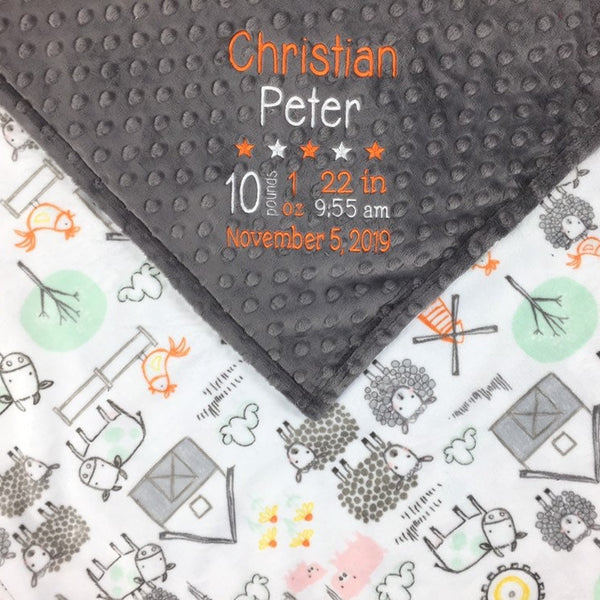Personalized Baby Blanket, Farm Animals Nursery, Custom Blanket, Birth Stats Blanket, Keepsake Gift, 1st Birthday Gift, Gray Farm Blanket