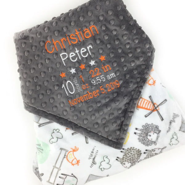 Personalized Baby Blanket, Farm Animals Nursery, Custom Blanket, Birth Stats Blanket, Keepsake Gift, 1st Birthday Gift, Gray Farm Blanket