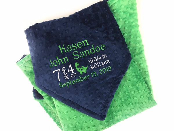 Personalized Baby Blanket, Navy and Green Minky, Baby Birth Stats Blanket, Keepsake Baby Gift, Dinosaur Blanket, Birth Stats Gift for Baby