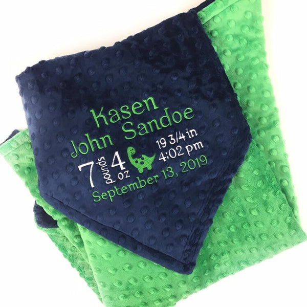 Personalized Baby Blanket, Navy and Green Minky, Baby Birth Stats Blanket, Keepsake Baby Gift, Dinosaur Blanket, Birth Stats Gift for Baby