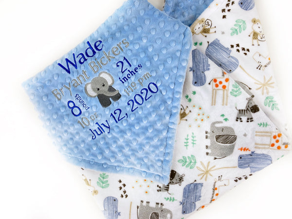 Personalized Minky Baby Blanket, Blue and Gray Zoo Animals, Embroidered Minky with Birth Stats, Baby Boy Gift, Jungle Nursery Theme